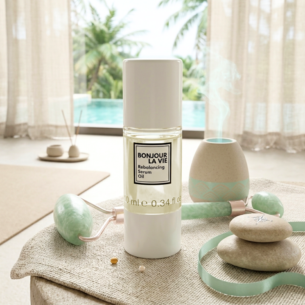 Testo alternativo: Rebalancing Serum Oil 10 ml Bonjour La Vie con roller di giada, incensiere, pietre ed elegante sfondo con tenda e piscina.