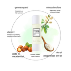 Infografica di Rebalancing Serum Oil con i suoi 6 ingredienti chiave: Mimosa Tenuiflora, Vitamina E, Gamma orizanolo, Olio di Jojoba, Macadamia, riso.