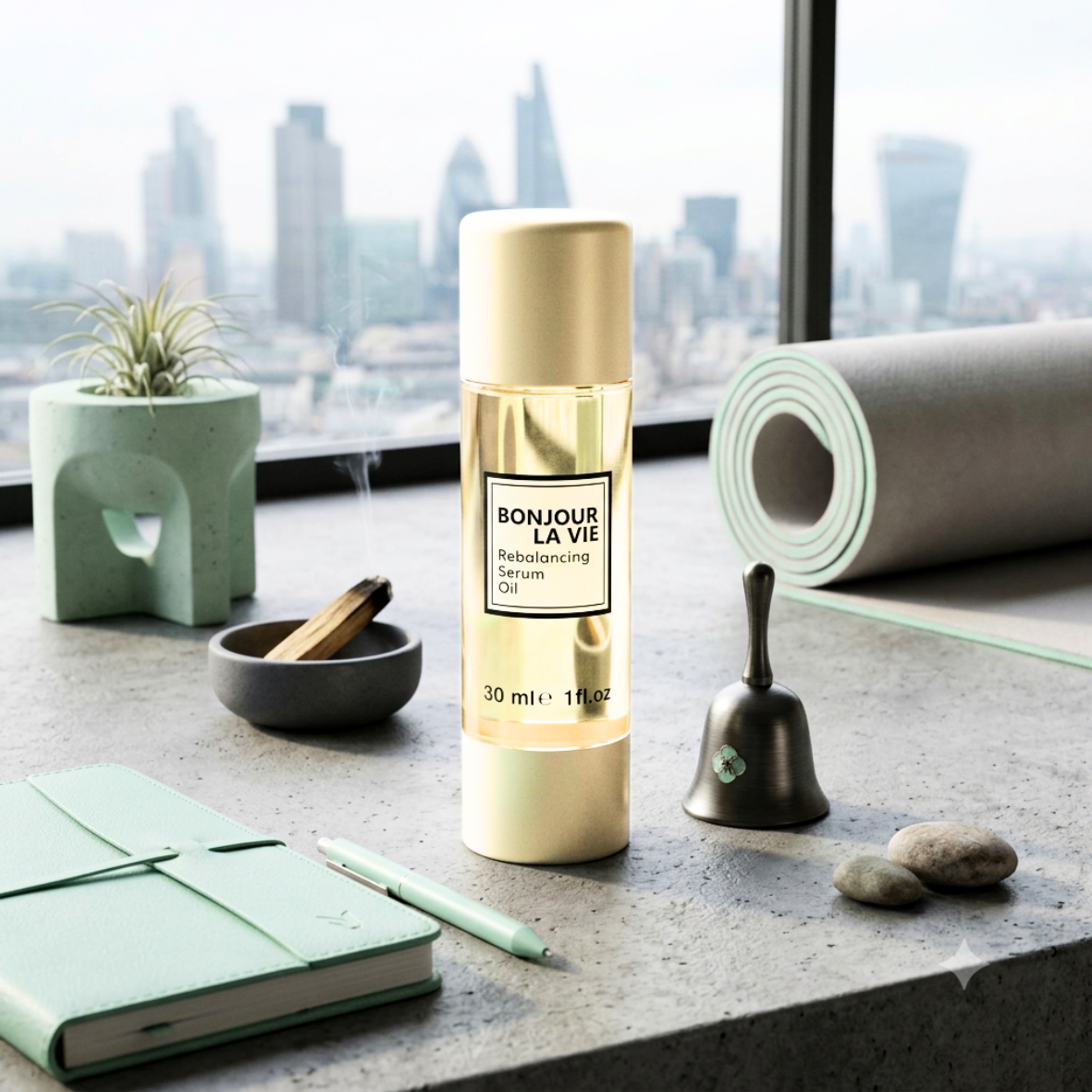 Rebalancing Serum Oil 30 ml Bonjour La Vie con palo santo, campana, taccuino, tappetino yoga e vista su skyline urbano.