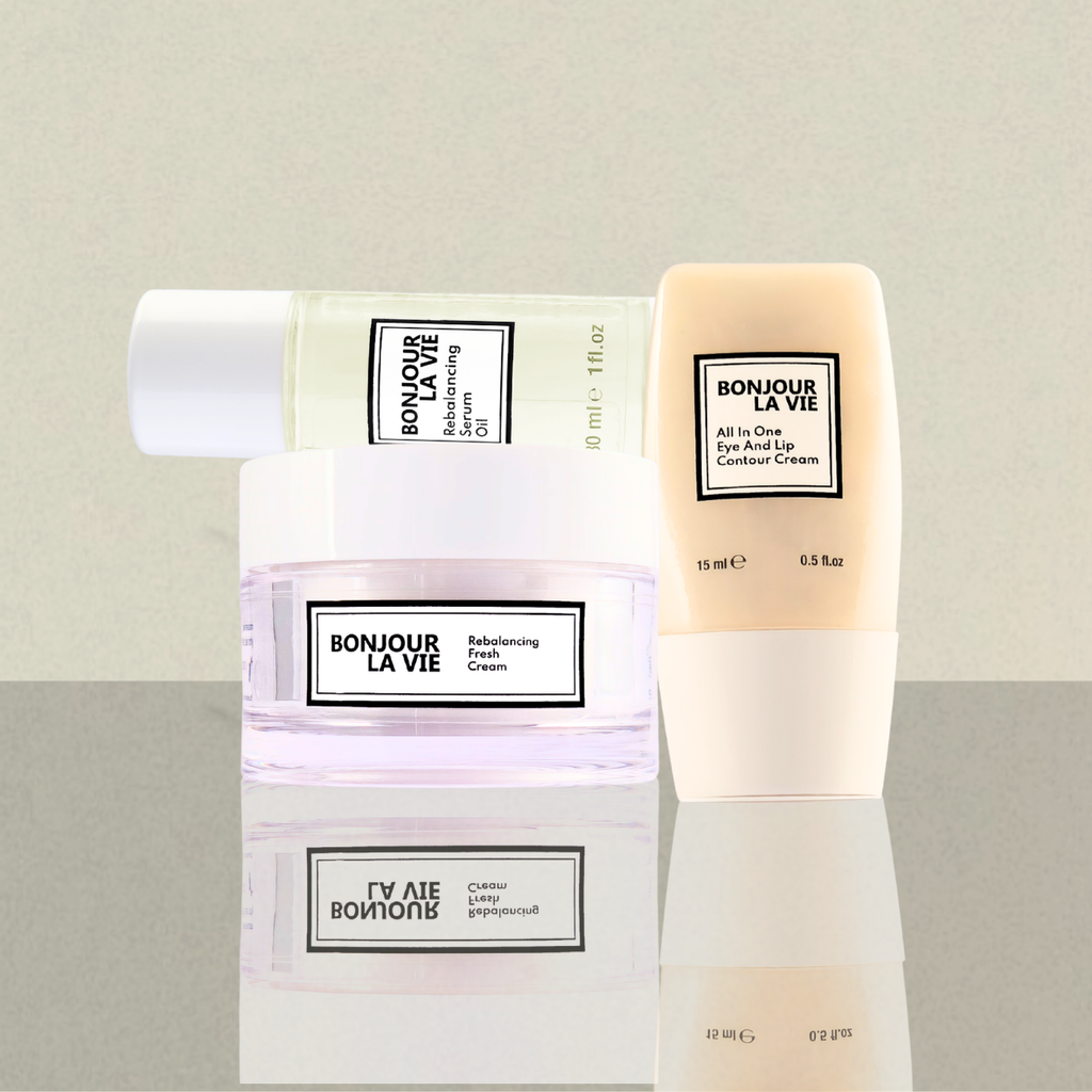 Prodotti correlati Bonjour La Vie: Rebalancing Serum Oil di Bonjour la Vie associato a All In One Eye And Lip Contour Cream e Rebalancing Fresh Cream.