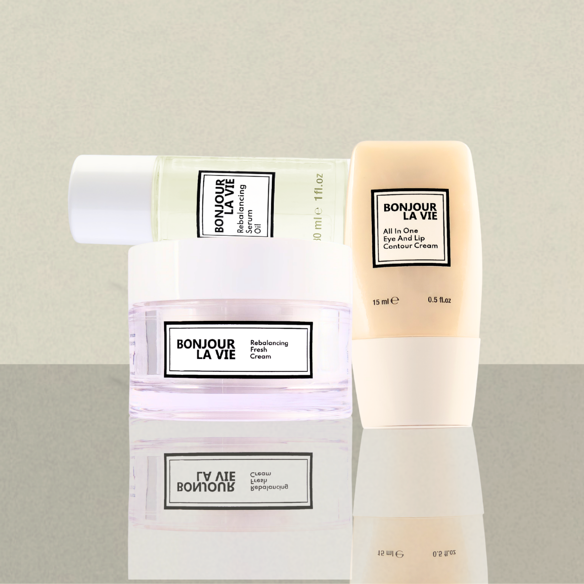 Prodotti correlati Bonjour La Vie: Rebalancing Serum Oil di Bonjour la Vie associato a All In One Eye And Lip Contour Cream e Rebalancing Fresh Cream.