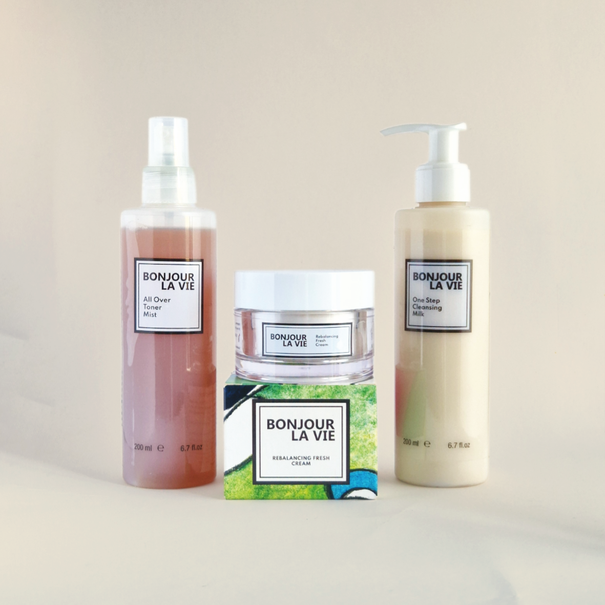 Rituale Orizzonti Bonjour La Vie con One Step Cleansing Milk, All Over Toner Mist e Rebalancing Fresh Cream.