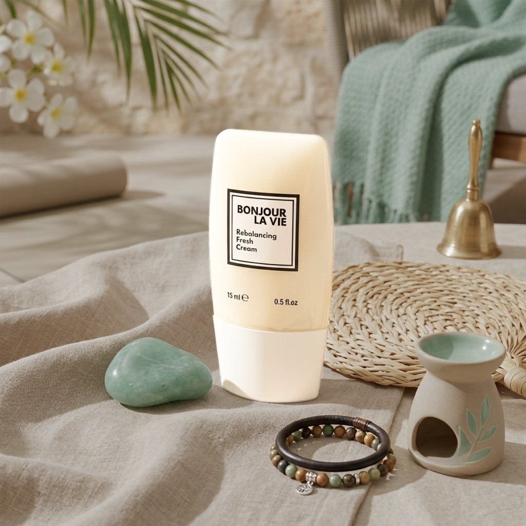 Rebalancing Fresh Cream 15 ml Bonjour La Vie su lino con pietra verde, bracciale, bruciatore essenze, campana e ventaglio in paglia.