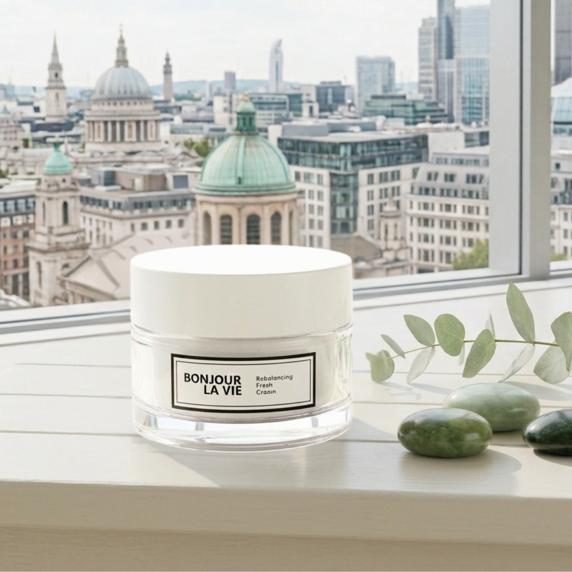 Rebalancing Fresh Cream 50 ml Bonjour La Vie con pietre di giada e rametto di eucalipto davanti a una vetrata con panorama urbano sullo sfondo.