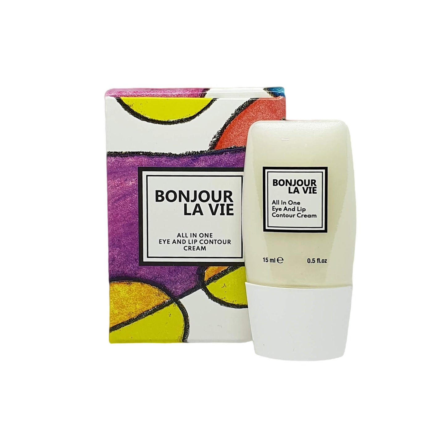 Immagine frontale del Flacone di 'Bonjour La Vie - All In One Eye And Lip Contour Cream' da 15 ml - 0.5 fl. oz. l accanto alla sua scatola colorata con design geometrico in toni di viola, giallo e arancione.